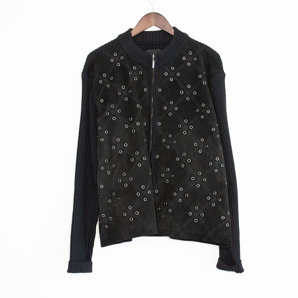 Robert Louis VTG Suede Knit Jacket Women 2X Black Grommet Moto Y2K Plus Size